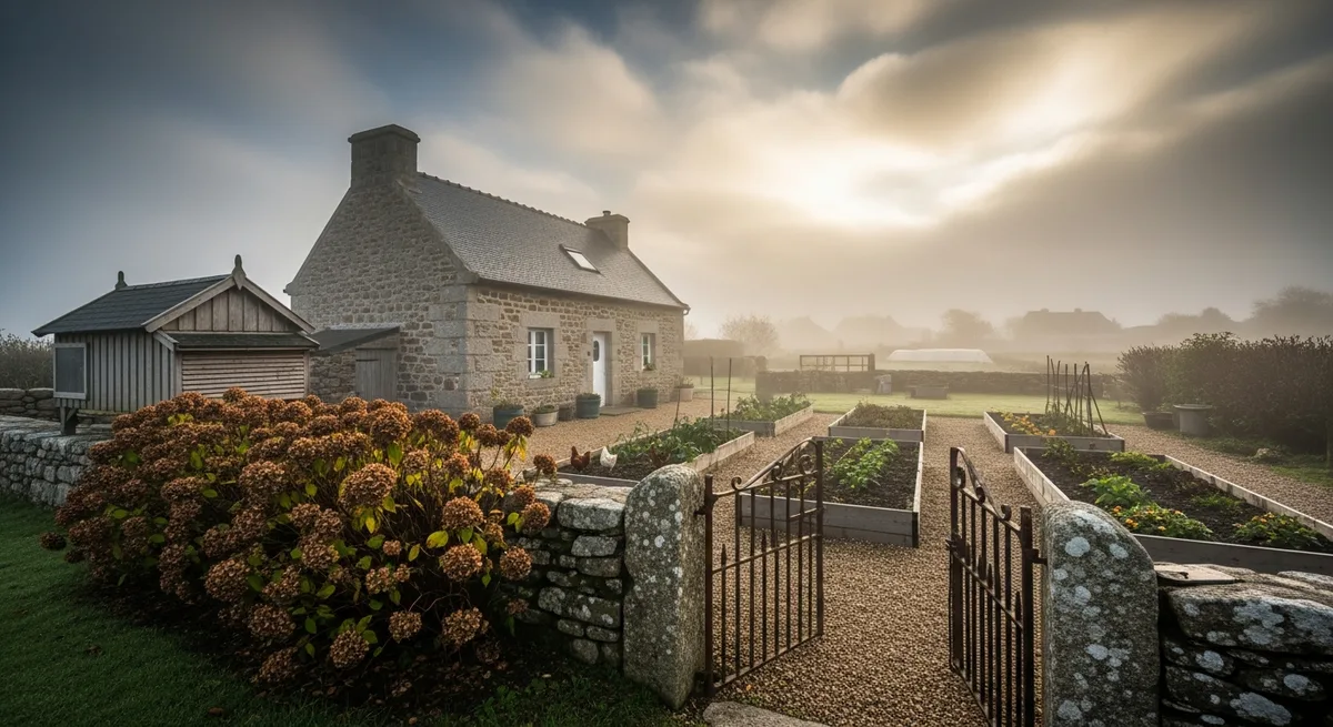 Matin d'automne au hameau de Lezavarn, brume sur les champs, vie ralentie campagne Bretagne