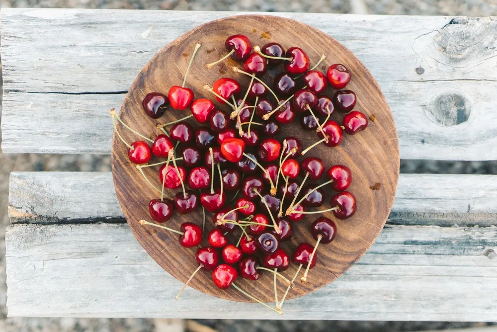 Cerises fraîches bordeaux et rouge foncé sur plateau en bois rond posé sur une surface en bois patiné, lumière naturelle, sans visage