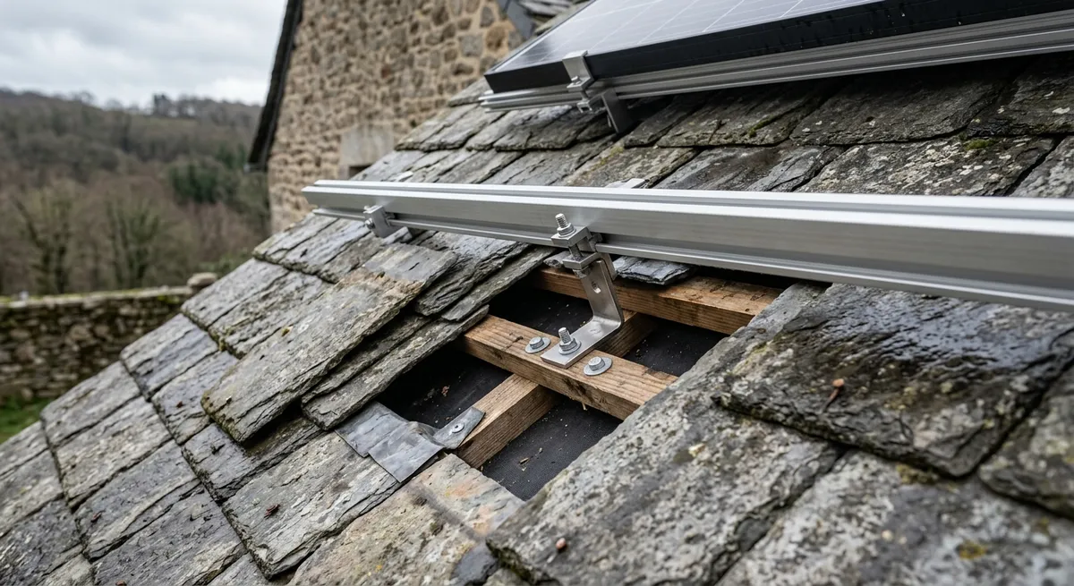 Détail des rails de fixation et supports de panneaux solaires sur un toit en ardoise de longère rurale