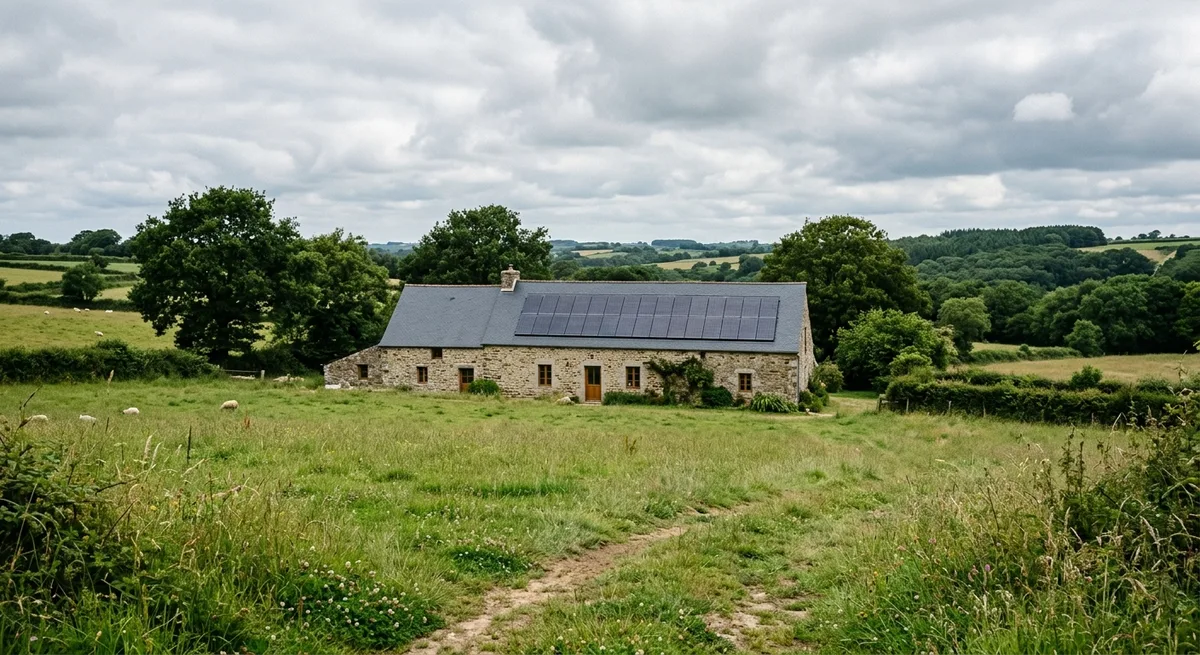 Panneaux solaires sur le toit d'ardoise d'une longère bretonne en campagne