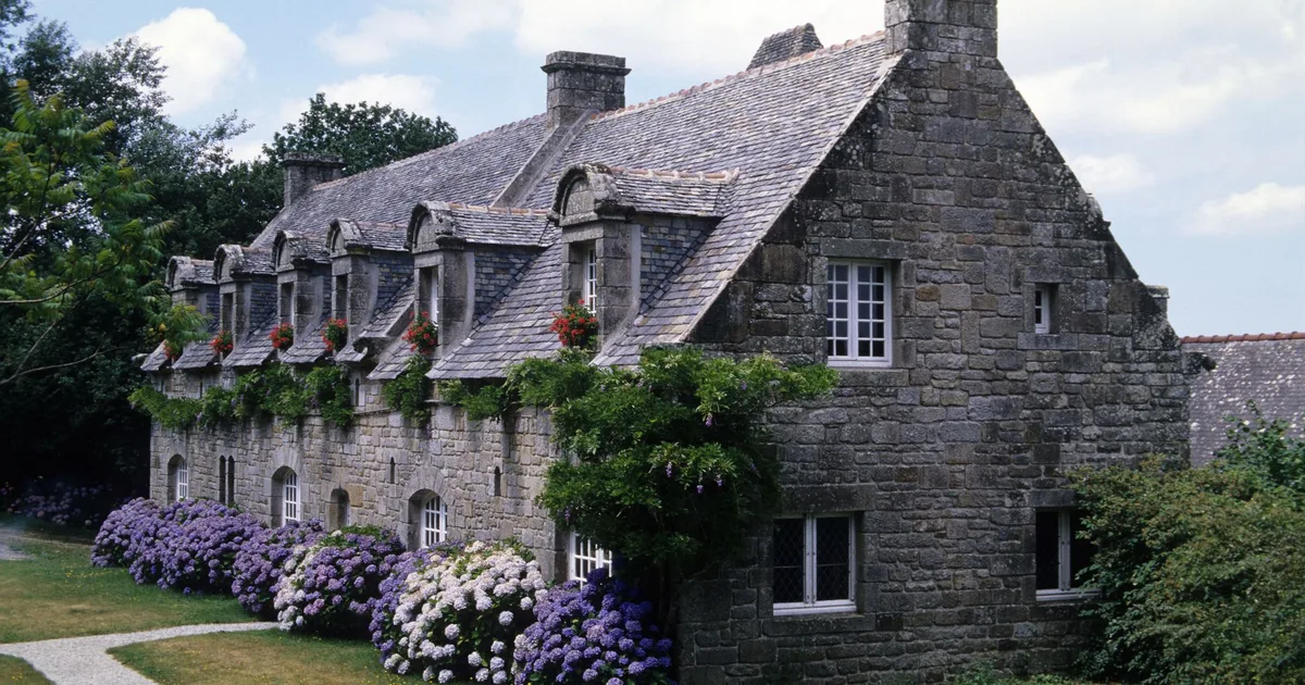 Manoir ancien en granit breton avec toiture en ardoise et hortensias violets en façade, architecture typique des maisons de campagne du Finistère