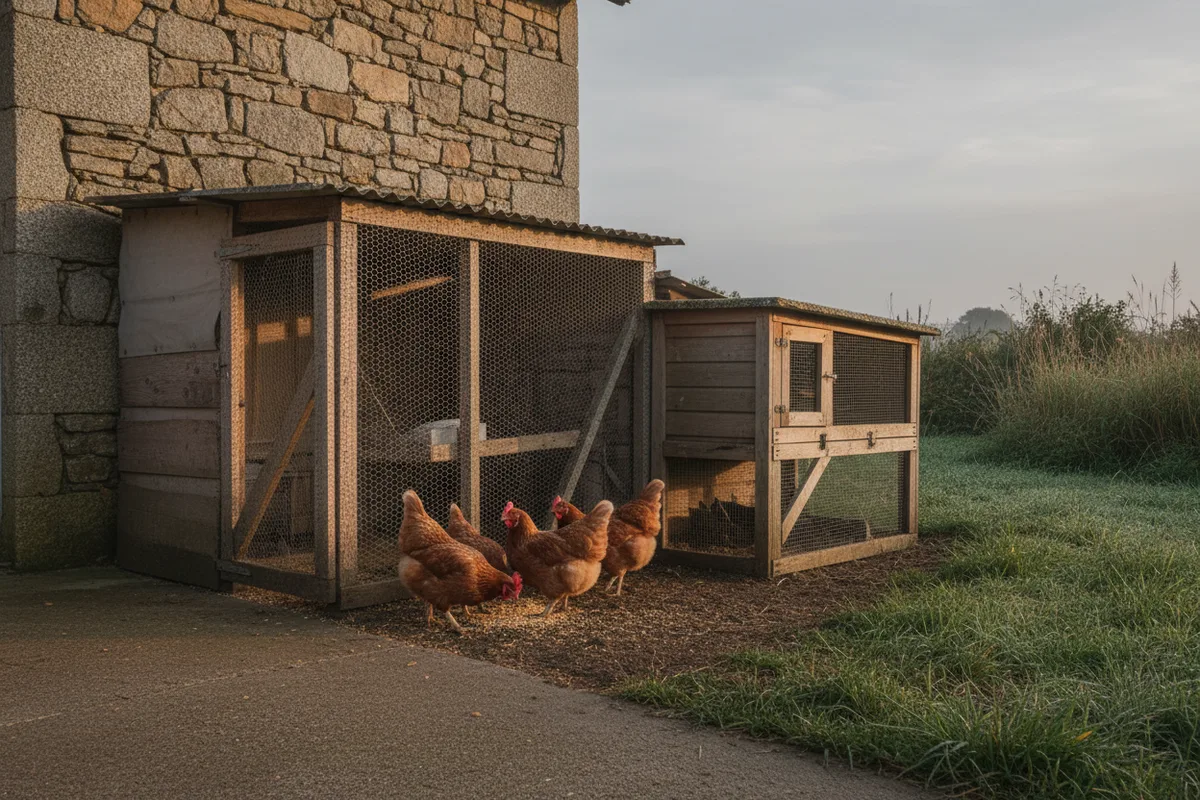 Poulailler et lapins nourris au petit matin — Ferme de Lezavarn, Finistère