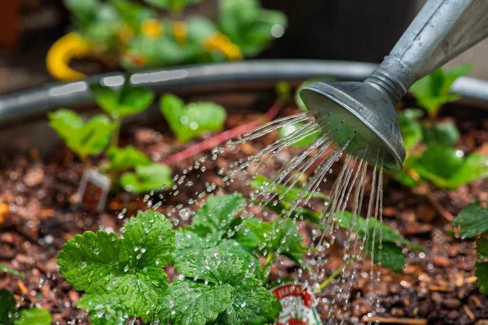 Arrosoir en zinc arrosant de jeunes plants dans un carré potager paillé aux copeaux de bois, ambiance jardin no-dig en automne