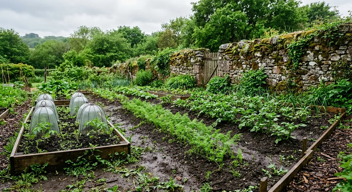 Potager breton en mai avec jeunes pousses de légumes sur un sol humide, lumière douce et ciel gris du Finistère