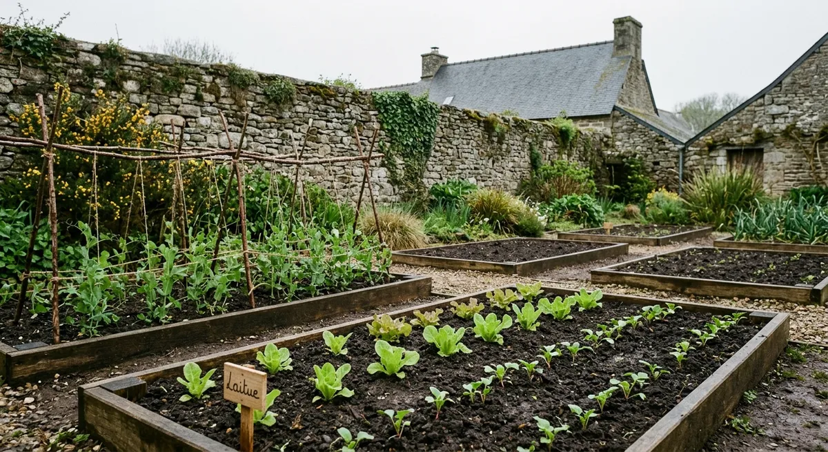 Calendrier de plantation au potager breton en Finistère, légumes sur une planche de bois