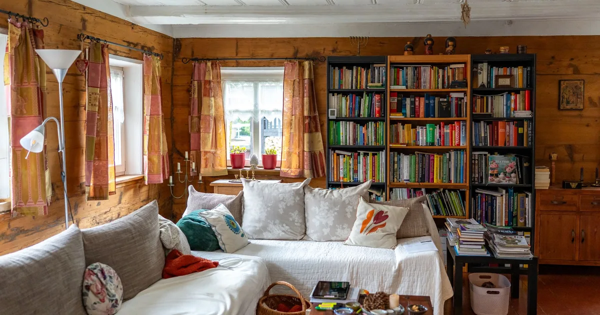 Pièce rustique aux murs en bois avec grande bibliothèque garnie de livres, lumière naturelle de fenêtre, ambiance maison de campagne
