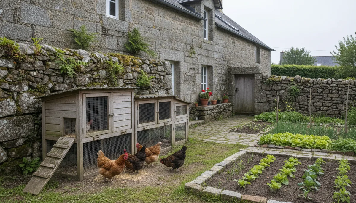 Cour de ferme en granit au petit matin avec poulailler et clapier — Ferme de Lezavarn, Finistère